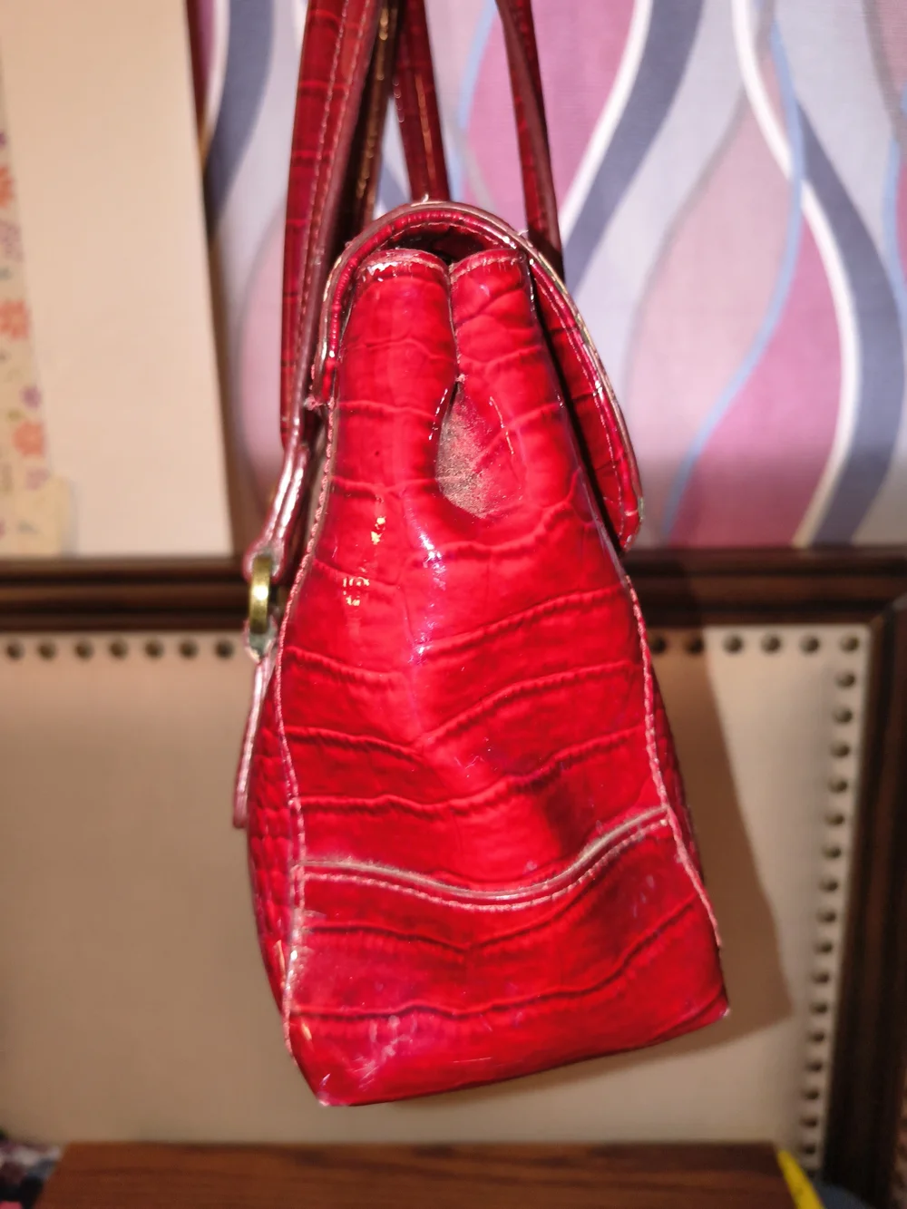 Liz Claiborne Maroon Croc-Embossed Patent Leather Satchel